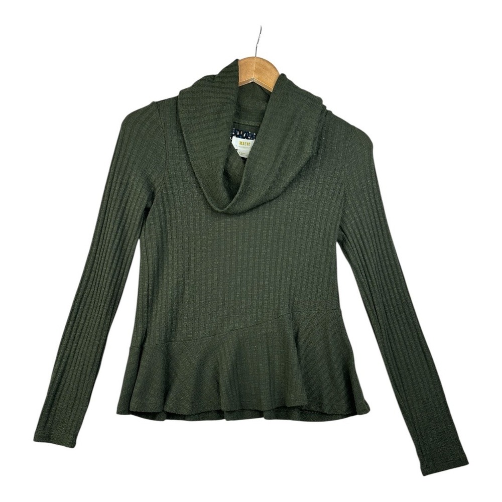 Anthropologie Maeve Winterscape‎ Peplum Cowl Neck Ribbed Sweater size XS Green